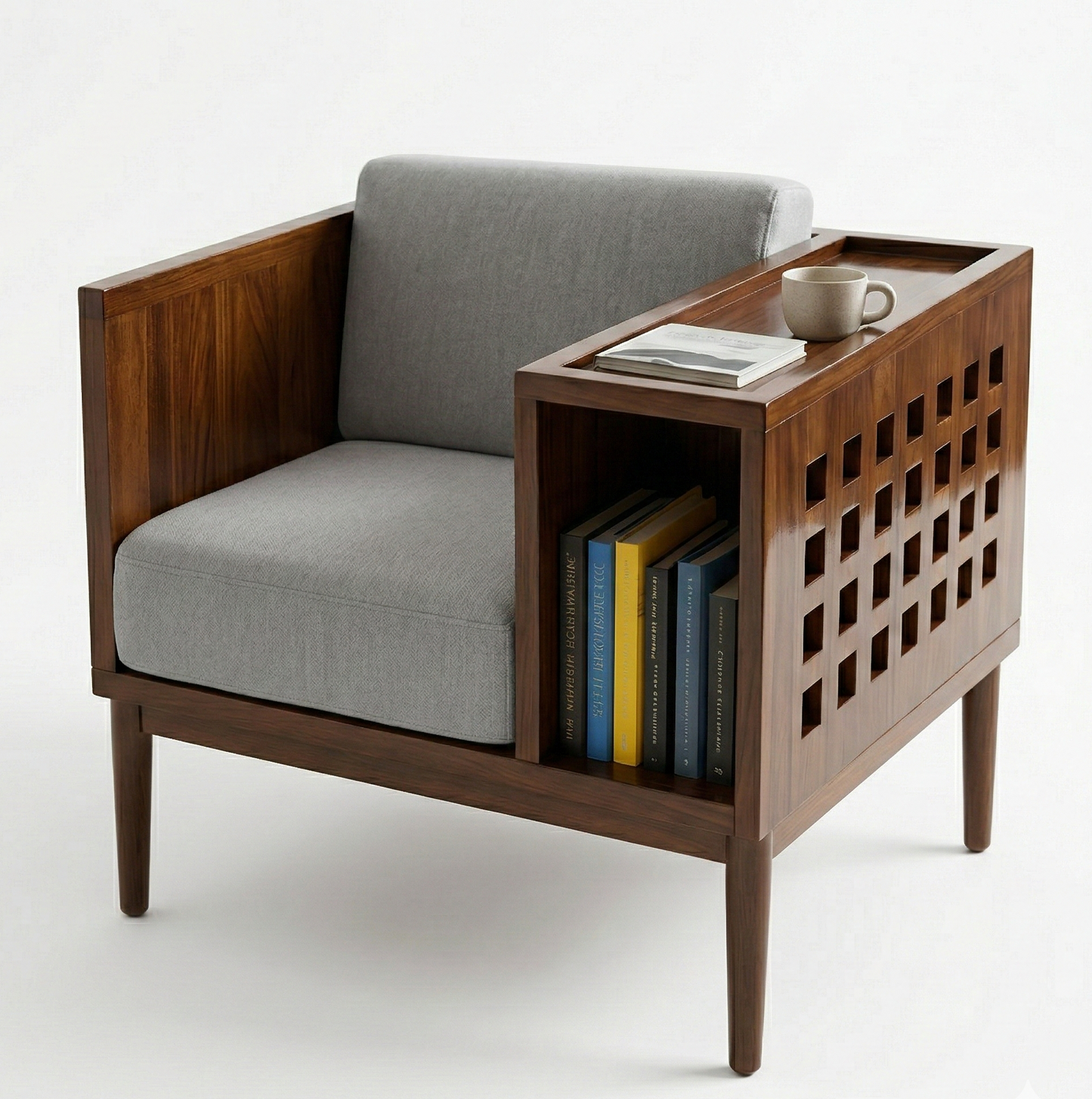 Acacia Wood Mid-Century Modern Teak Accent Chair with Built-in Bookshelf & Side Table
