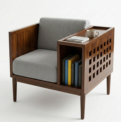 Acacia Wood Mid-Century Modern Teak Accent Chair with Built-in Bookshelf & Side Table