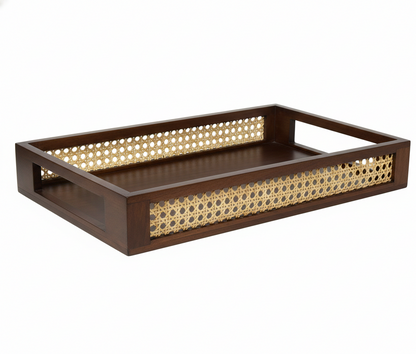 ADOUER WOOD Rectangular Wooden Serving Tray with Rattan Cane Inlay & Cutout Handles
