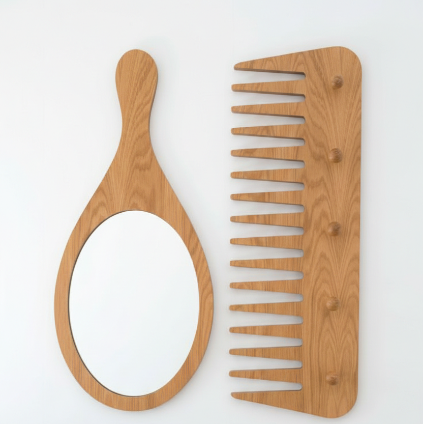 Adouer Wood Giant Mirror & Wide-Tooth Comb Wall Decor Set - Kids' Vanity Mirror