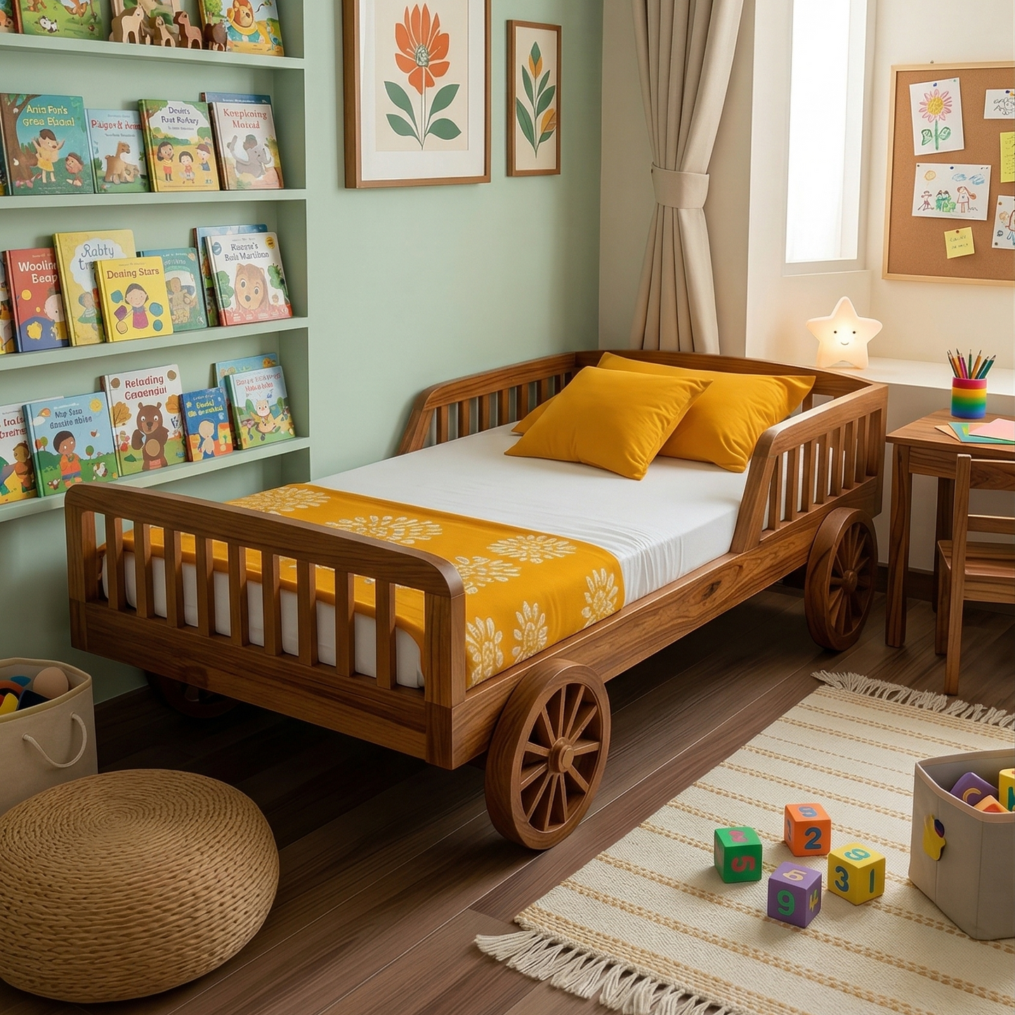 ADOUER WOOD Solid Sheesham Wood Chariot Bed for Toddlers & Children | Handcrafted Playful Design