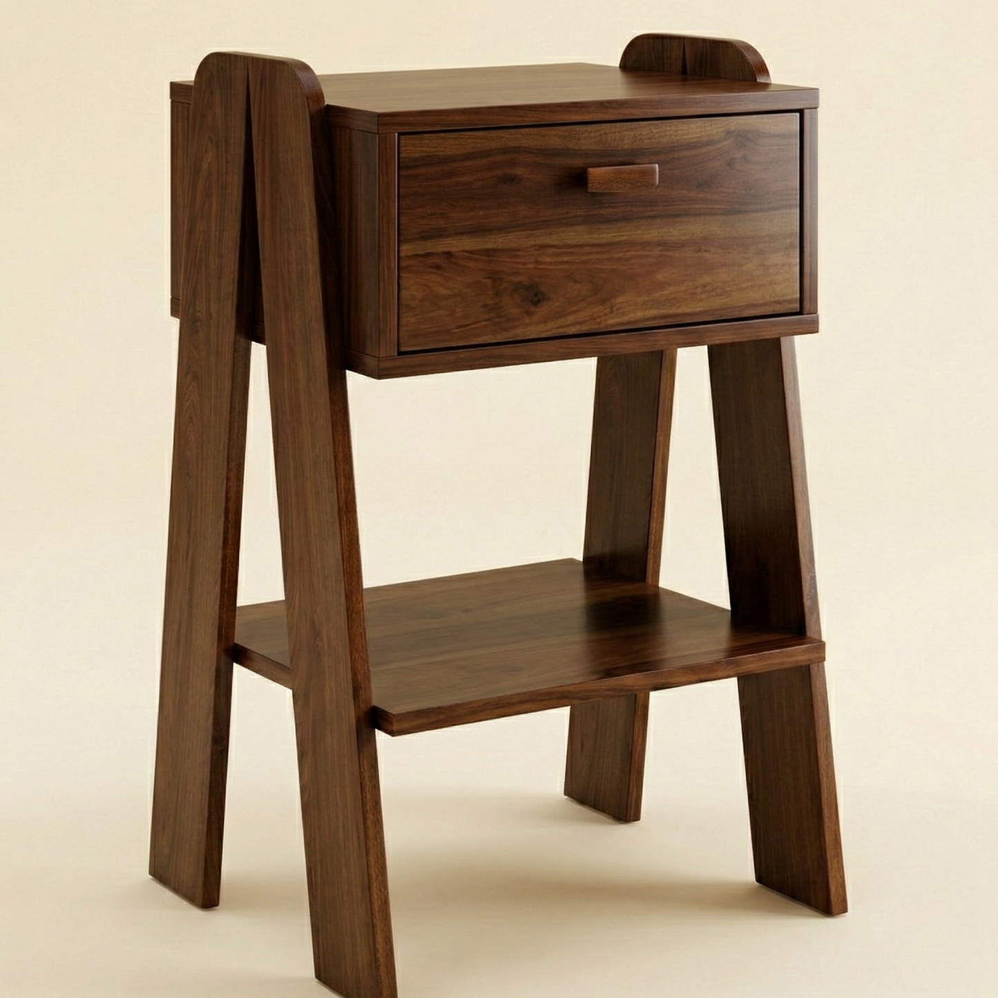 Mid-Century Modern A-Frame Nightstand  End Table with Storage Drawer and Display Shelf