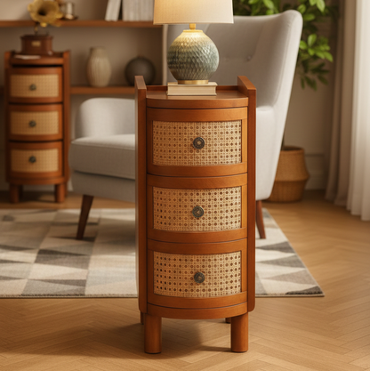 ADOUER WOOD Mid-Century Modern Round Cane Bedside Table - 3-Drawer Wood Nightstand with Rattan Detail