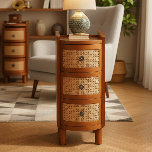 ADOUER WOOD Mid-Century Modern Round Cane Bedside Table - 3-Drawer Wood Nightstand with Rattan Detail