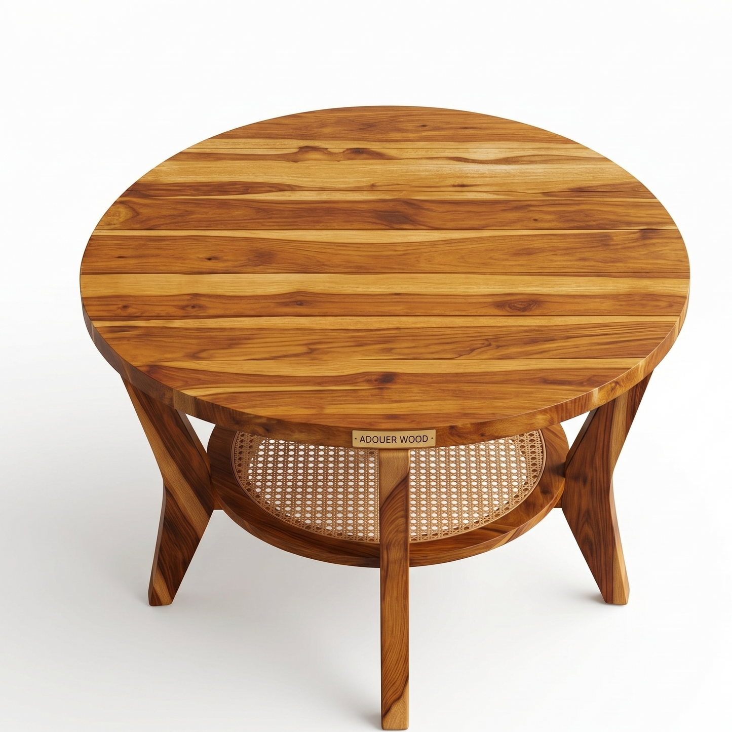 Adouer Wood Round Sheesham Coffee Table with Cane Shelf
