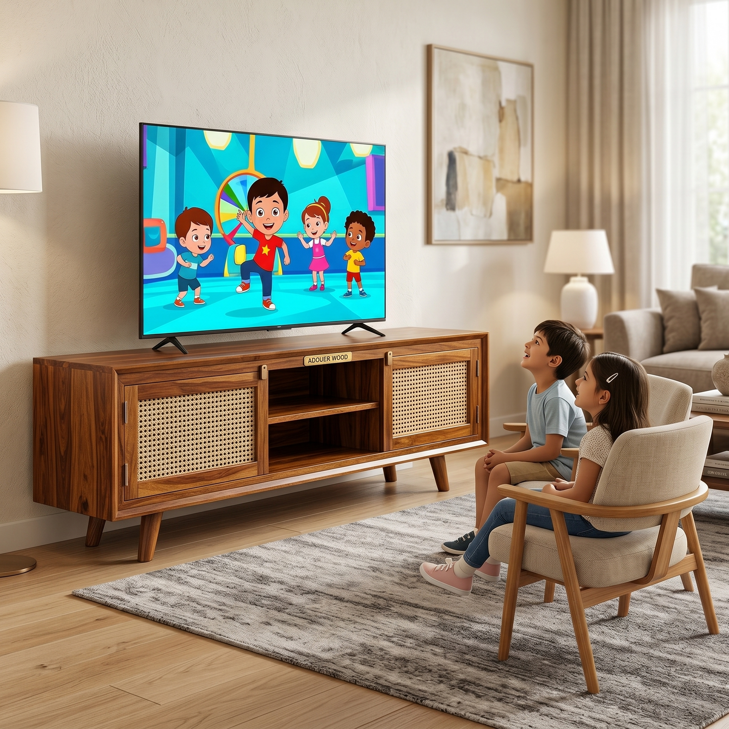 ADOUER WOOD Handcrafted Solid Wood TV Unit with Natural Rattan Cane Doors