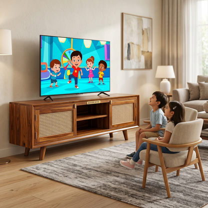 ADOUER WOOD Handcrafted Solid Wood TV Unit with Natural Rattan Cane Doors