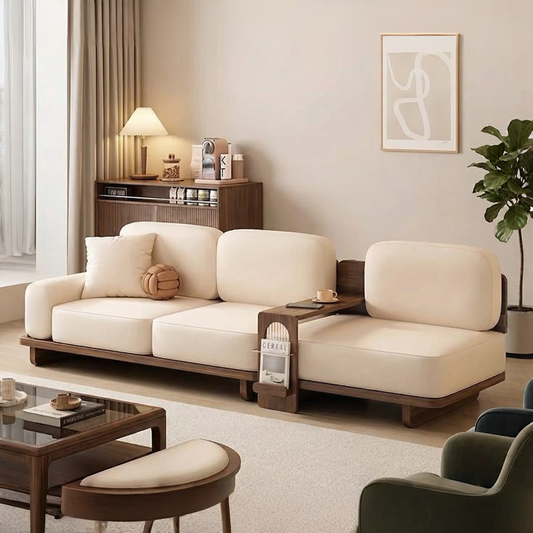 Adouer Wood Modern Japandi Sheesham Wood Sofa – 3-Seater with Integrated Side Table & Magazine Rack"
