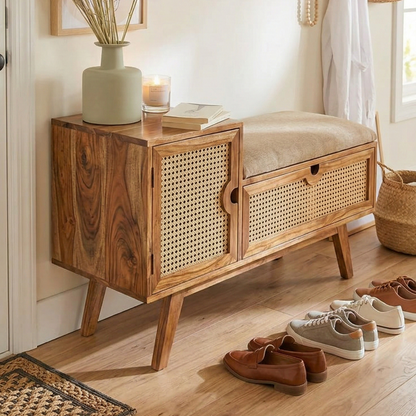 ADOUER WOOD Mid-Century Modern Entryway Bench with Storage – Natural Rattan Shoe Bench with Padded Seat Cushion