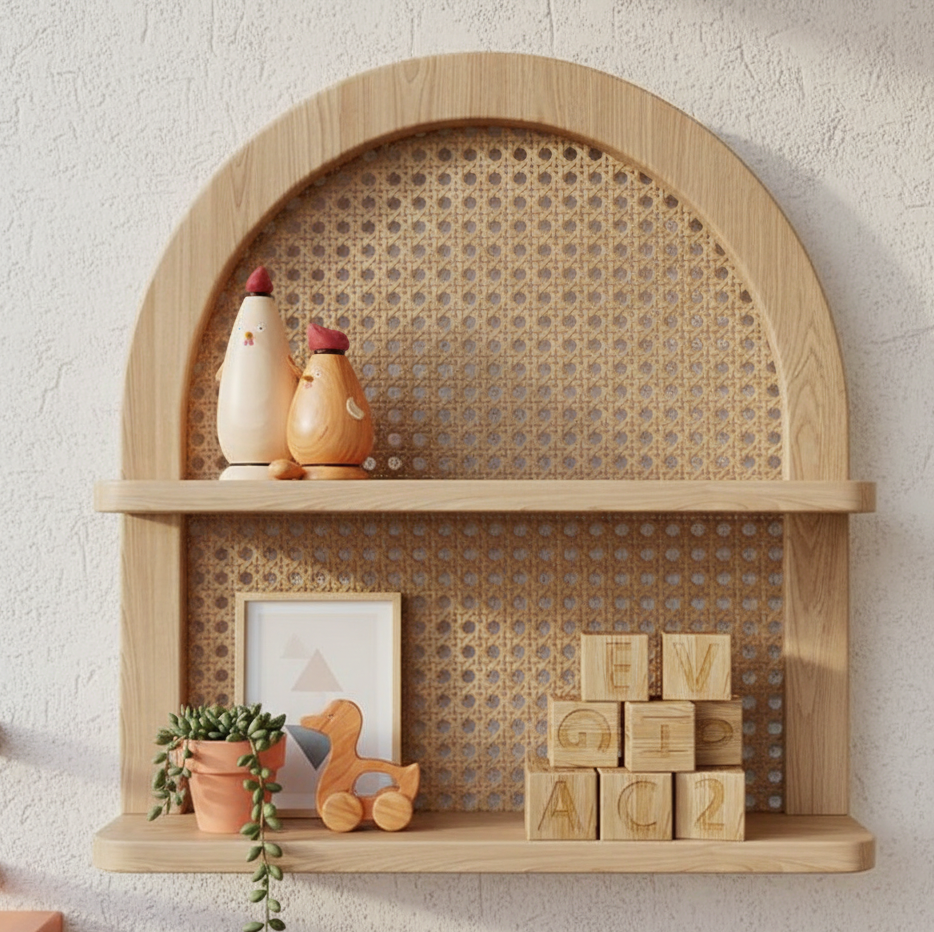 ADOUER WOOD Solid Wood The Arched Rattan Floating Display Shelf
