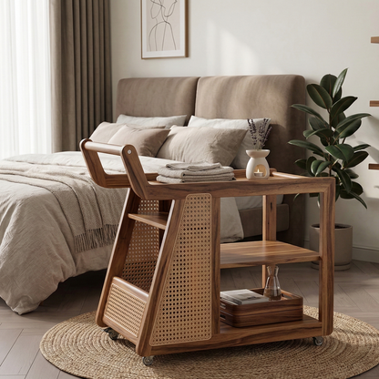 ADOUER WOOD Rolling Bar Cart with Natural Rattan Inlay – 3-Tier Mobile Coffee Station & Kitchen Serving Trolley