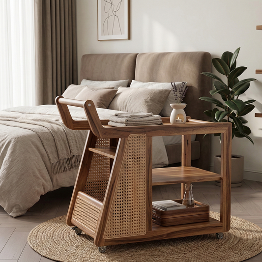 ADOUER WOOD Rolling Bar Cart with Natural Rattan Inlay – 3-Tier Mobile Coffee Station & Kitchen Serving Trolley