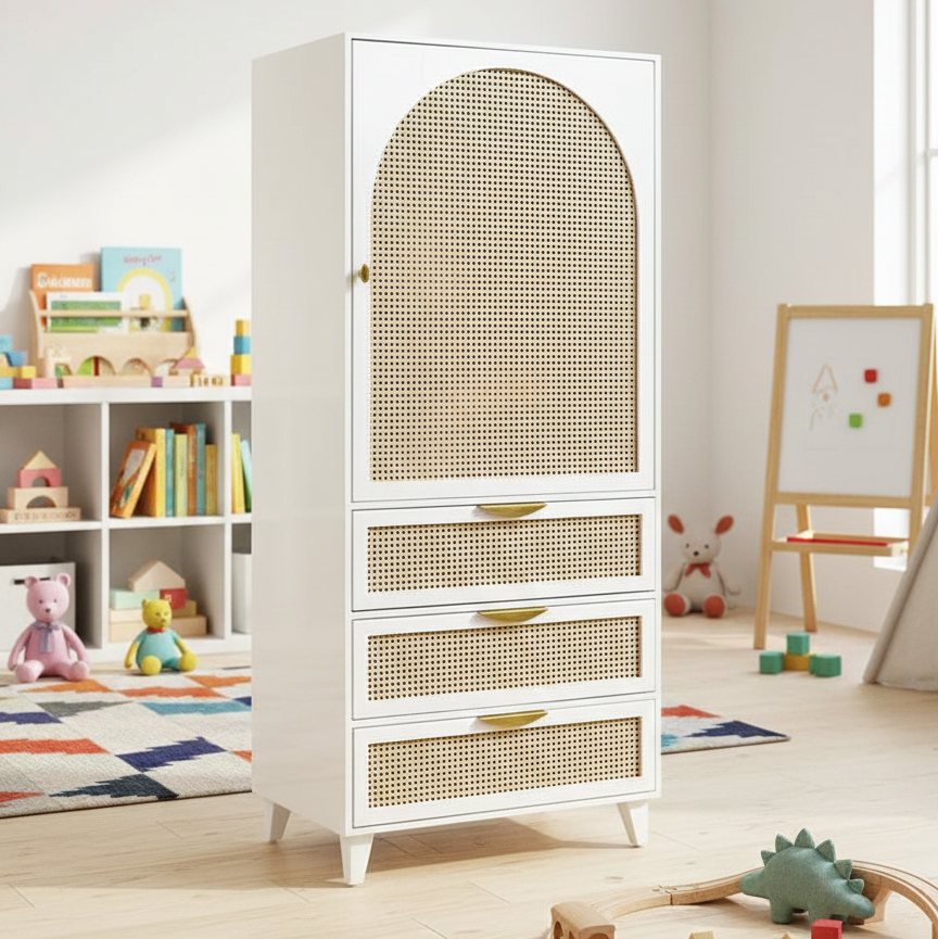 ADOUER WOOD  Solid Wood Sage Arched Wardrobe – Mid-Century Modern Armoire with Rattan Cane Inlay