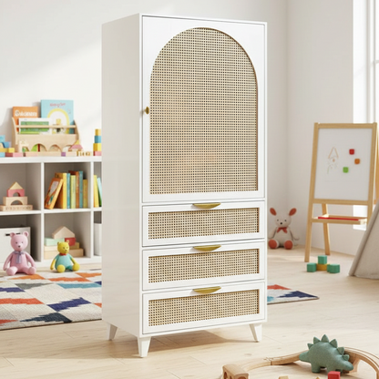 ADOUER WOOD  Solid Wood Sage Arched Wardrobe – Mid-Century Modern Armoire with Rattan Cane Inlay