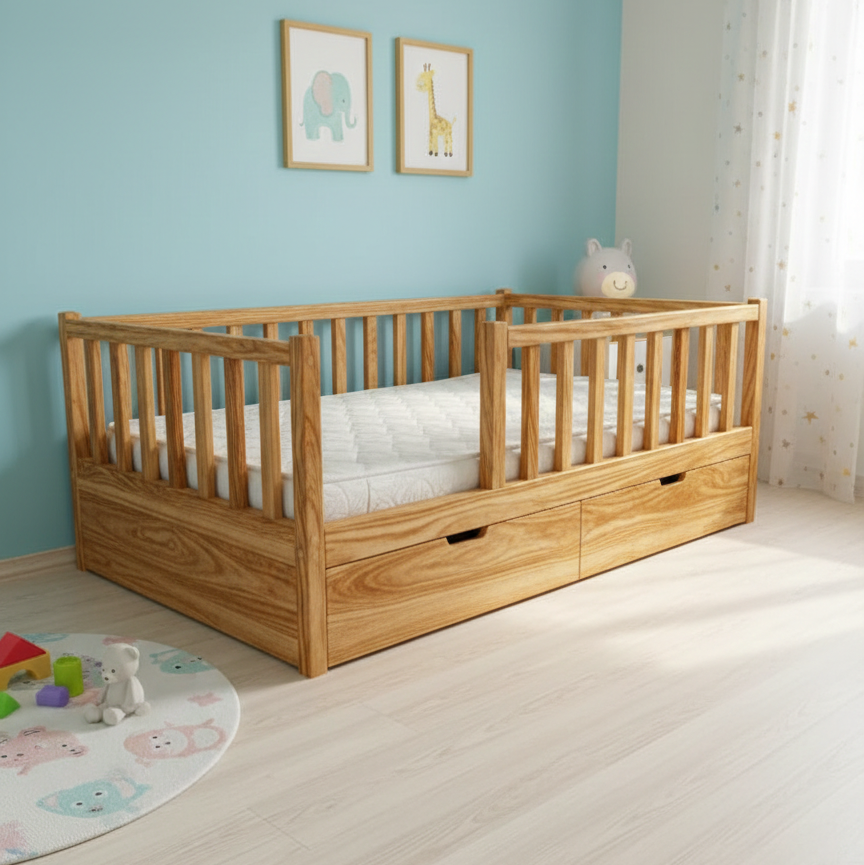 ADOUER WOOD Solid Wood Montessori Floor Bed with Safety Rails and Storage Drawers