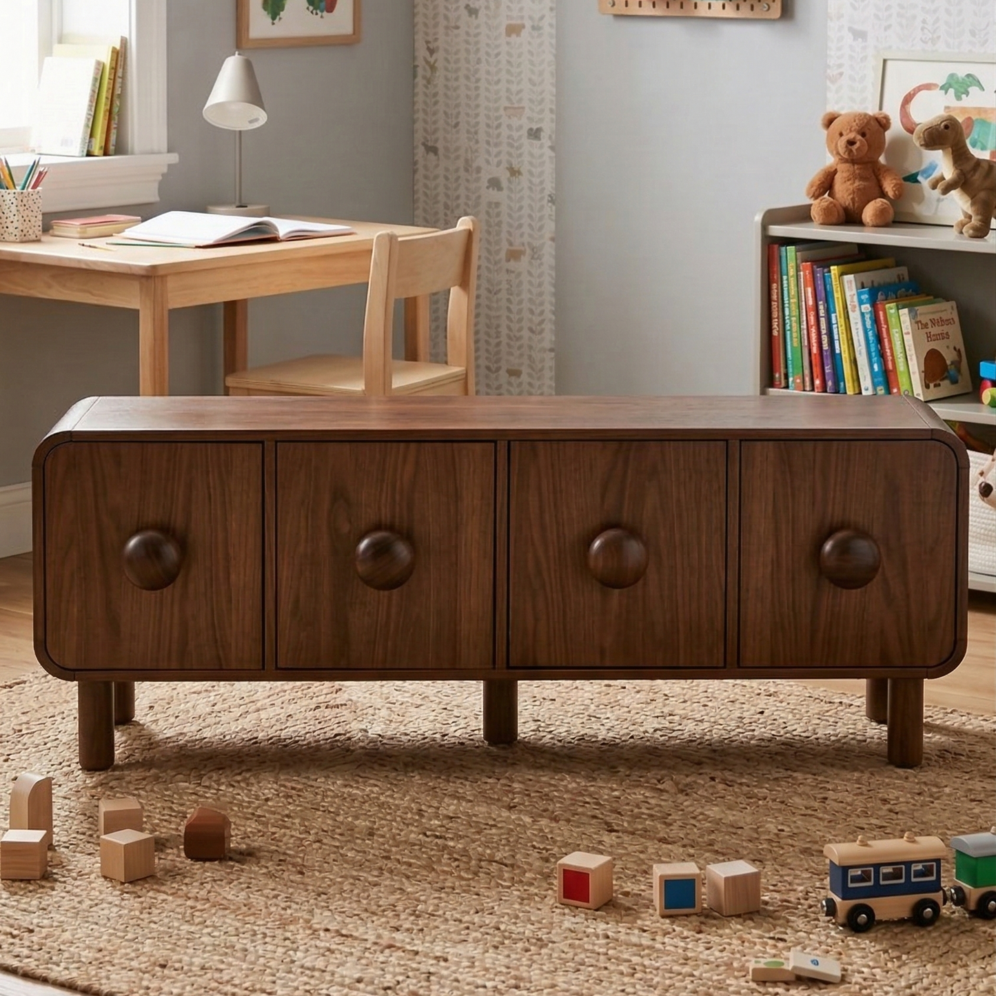 Adouer Wood Nordic Solid Wood Sideboard - 4-Door Storage Cabinet with Oversized Ball Knobs