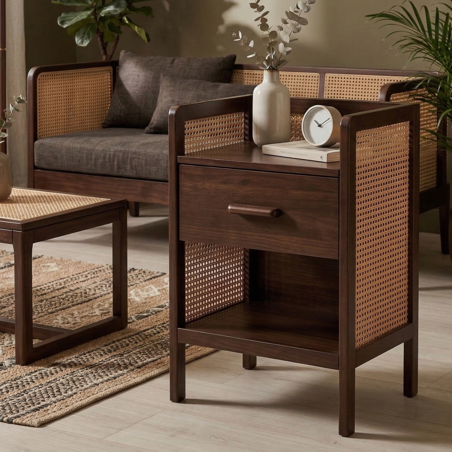 ADOUER WOOD Mid-Century Modern Bedside Table with Drawer & Open Shelf