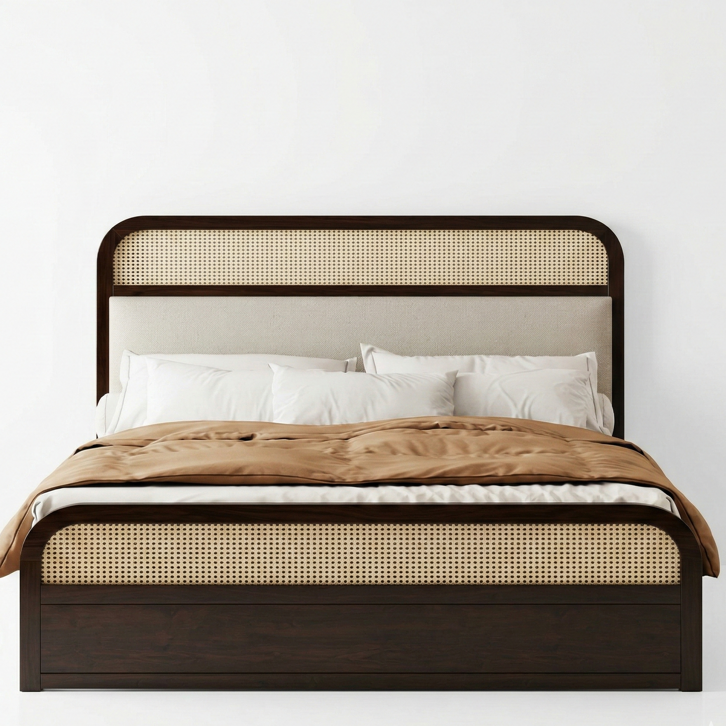 Adouer Wood Solid Wood Bed Natural Rattan Cane Weave & Upholstered Headboard