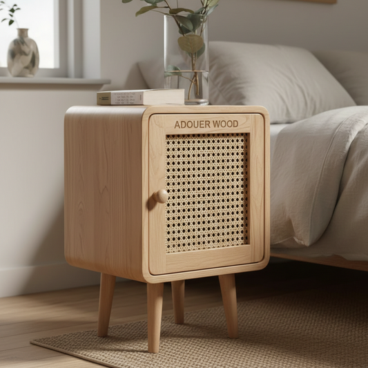 Adouer Wood Mid-Century Modern Rattan Bedside Table Wood Nightstand with Storage Door