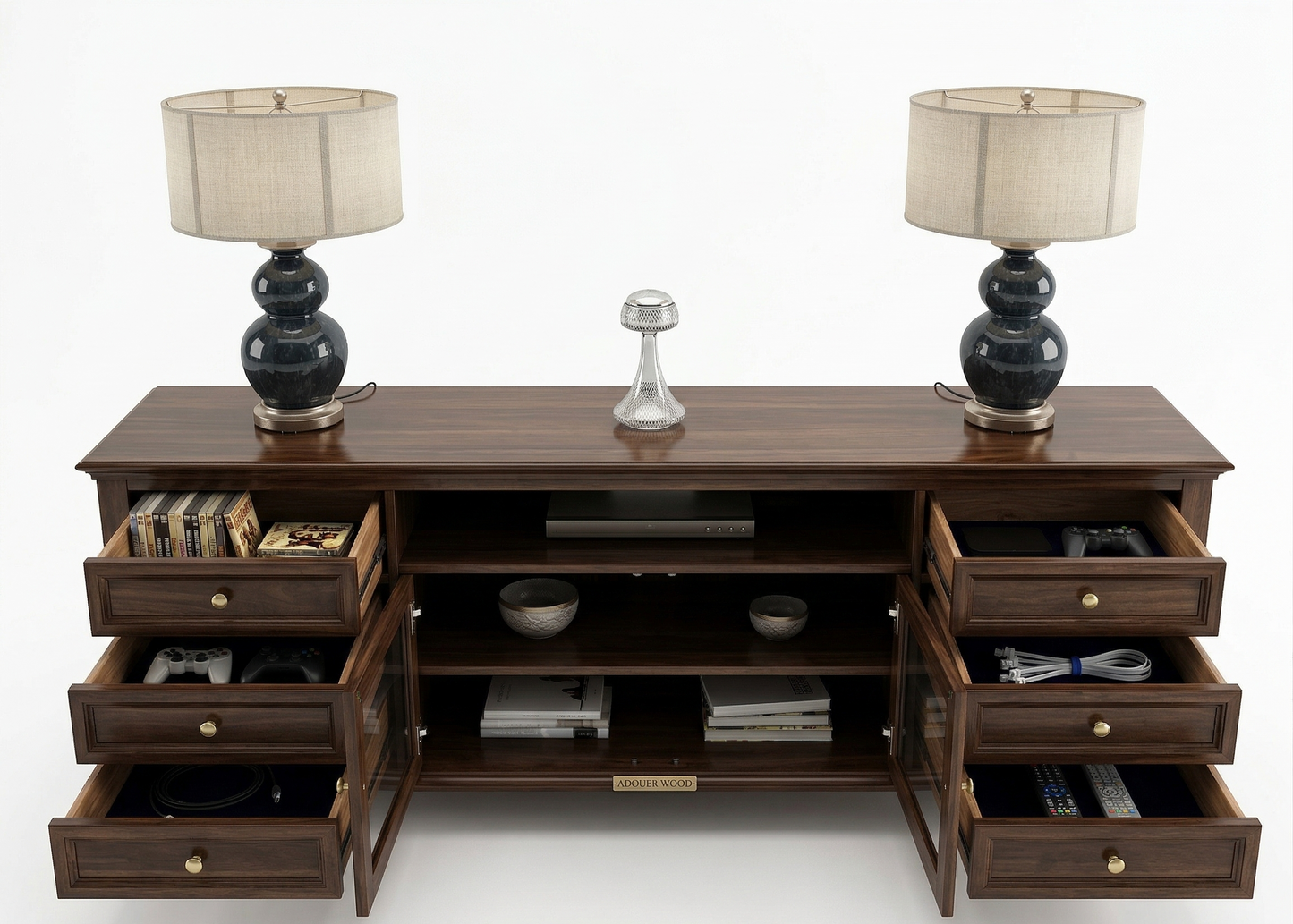 Adouer Wood Solid Acacia TV Console – 6-Drawer Mid-Century Modern Entertainment Center with Fiber Glass Doors