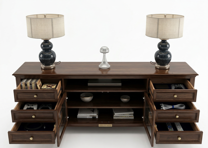 Adouer Wood Solid Acacia TV Console – 6-Drawer Mid-Century Modern Entertainment Center with Fiber Glass Doors