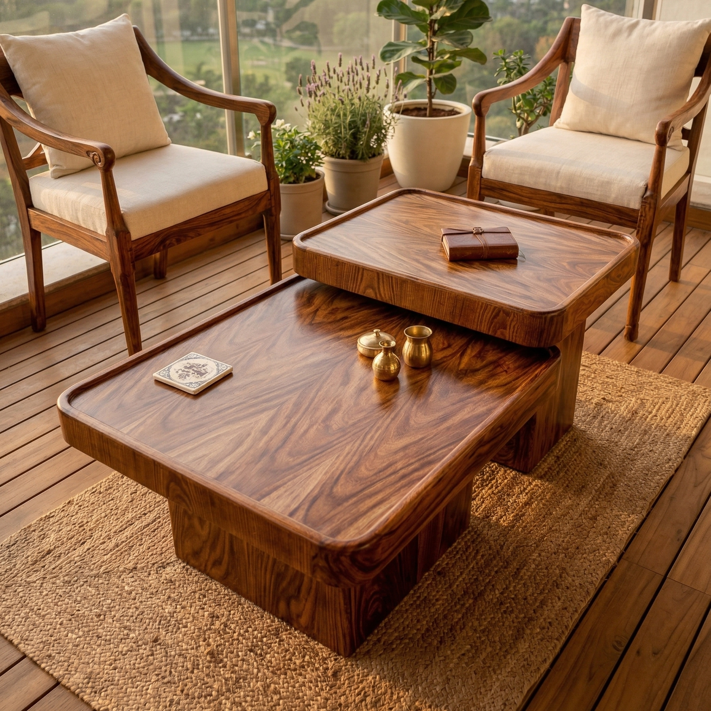 ADOUER WOOD Modern Nesting Coffee Table Set – 2-Piece Minimalist Plinth Style