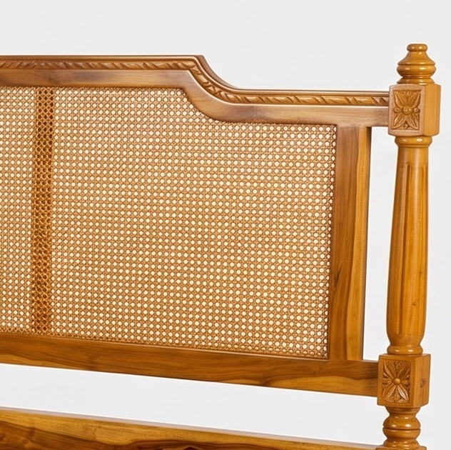 Adouer Wood Premium Sheesham Wood Bed with Cane Backrest | Honey Teak Finish