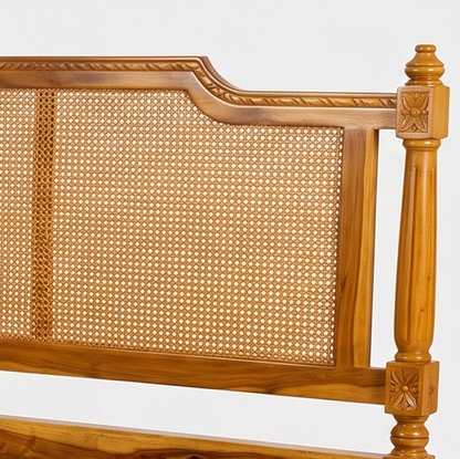 Adouer Wood Premium Sheesham Wood Bed with Cane Backrest | Honey Teak Finish