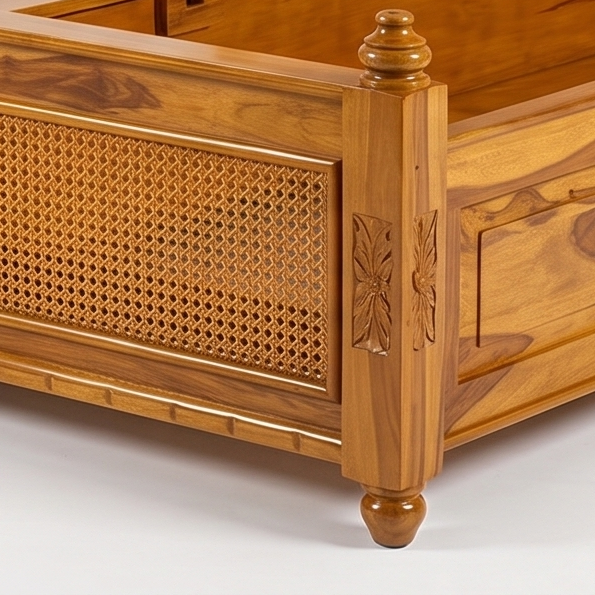 Adouer Wood Premium Sheesham Wood Bed with Cane Backrest | Honey Teak Finish
