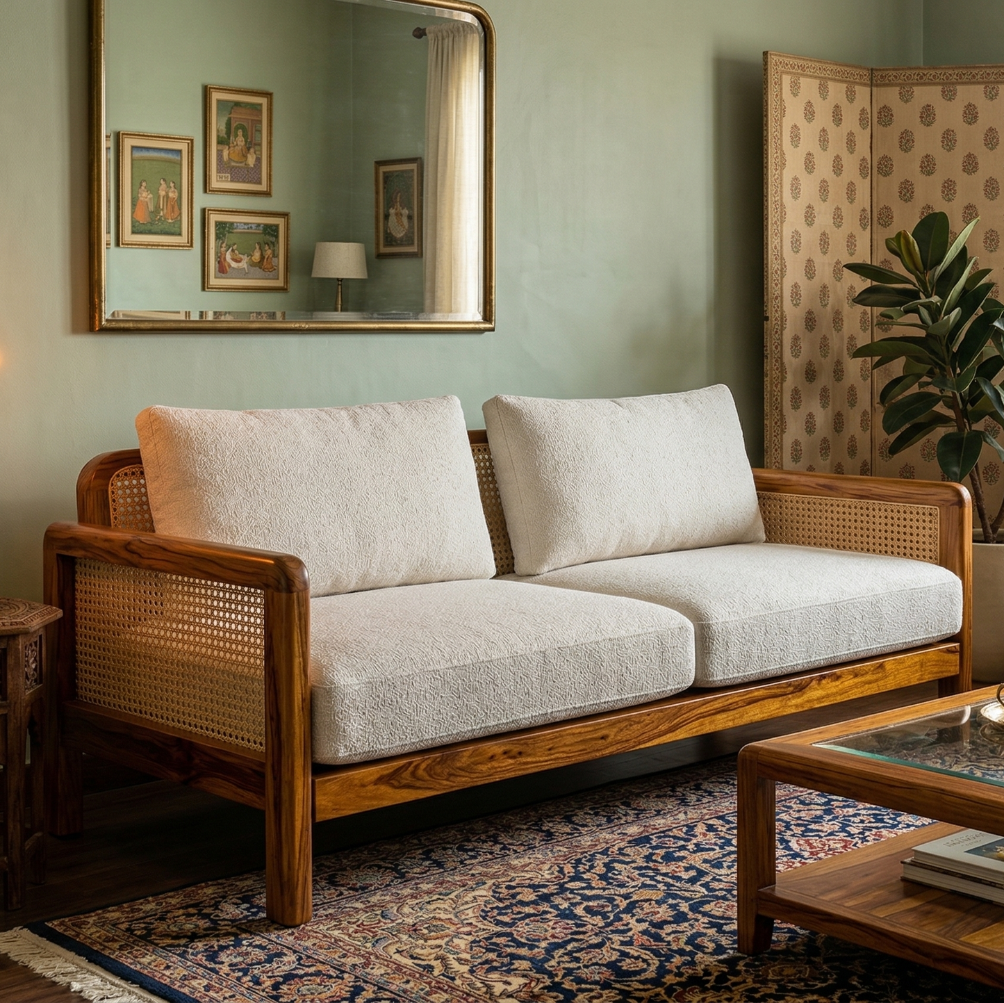 ADOUER WOOD Solid Wood Sofa with Natural Cane Backrest and Premium Fabric Cushions