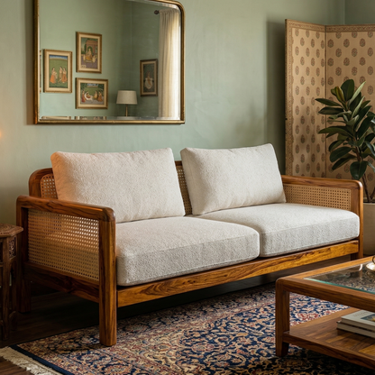 ADOUER WOOD Solid Wood Sofa with Natural Cane Backrest and Premium Fabric Cushions