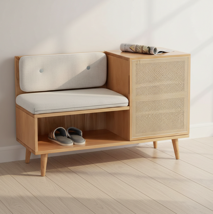 ADOUER WOOD Mid-Century Modern Sheesham Wood Shoe Rack Bench with Rattan Cane Door & Padded Seat