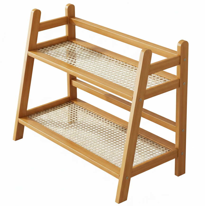 ADOUER WOOD 2-Tier Natural Solid Wood & Woven Rattan Storage Rack