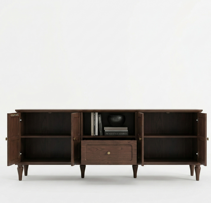 ADOUER WOOD Mid-Century Modern Solid Wood TV Unit with 4 Doors & Center Drawer