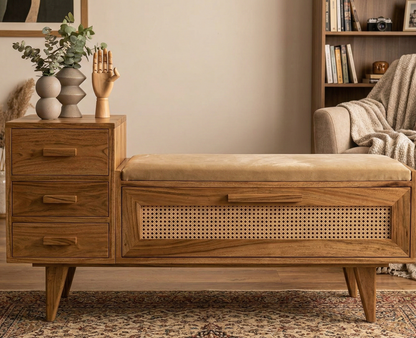 ADOUER WOOD Solid Ash Wood Storage Bench with Cane Detail and Integrated Side Drawers