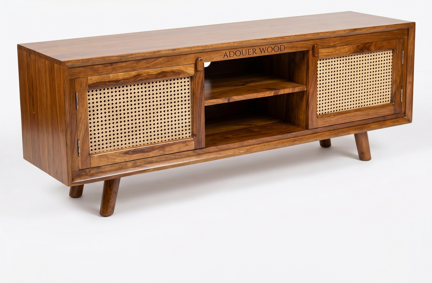 ADOUER WOOD Handcrafted Solid Wood TV Unit with Natural Rattan Cane Doors
