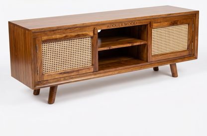 ADOUER WOOD Handcrafted Solid Wood TV Unit with Natural Rattan Cane Doors