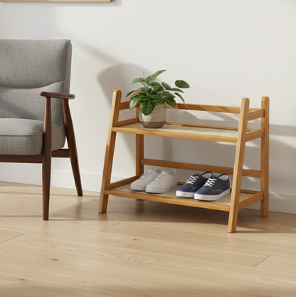ADOUER WOOD 2-Tier Natural Solid Wood & Woven Rattan Storage Rack