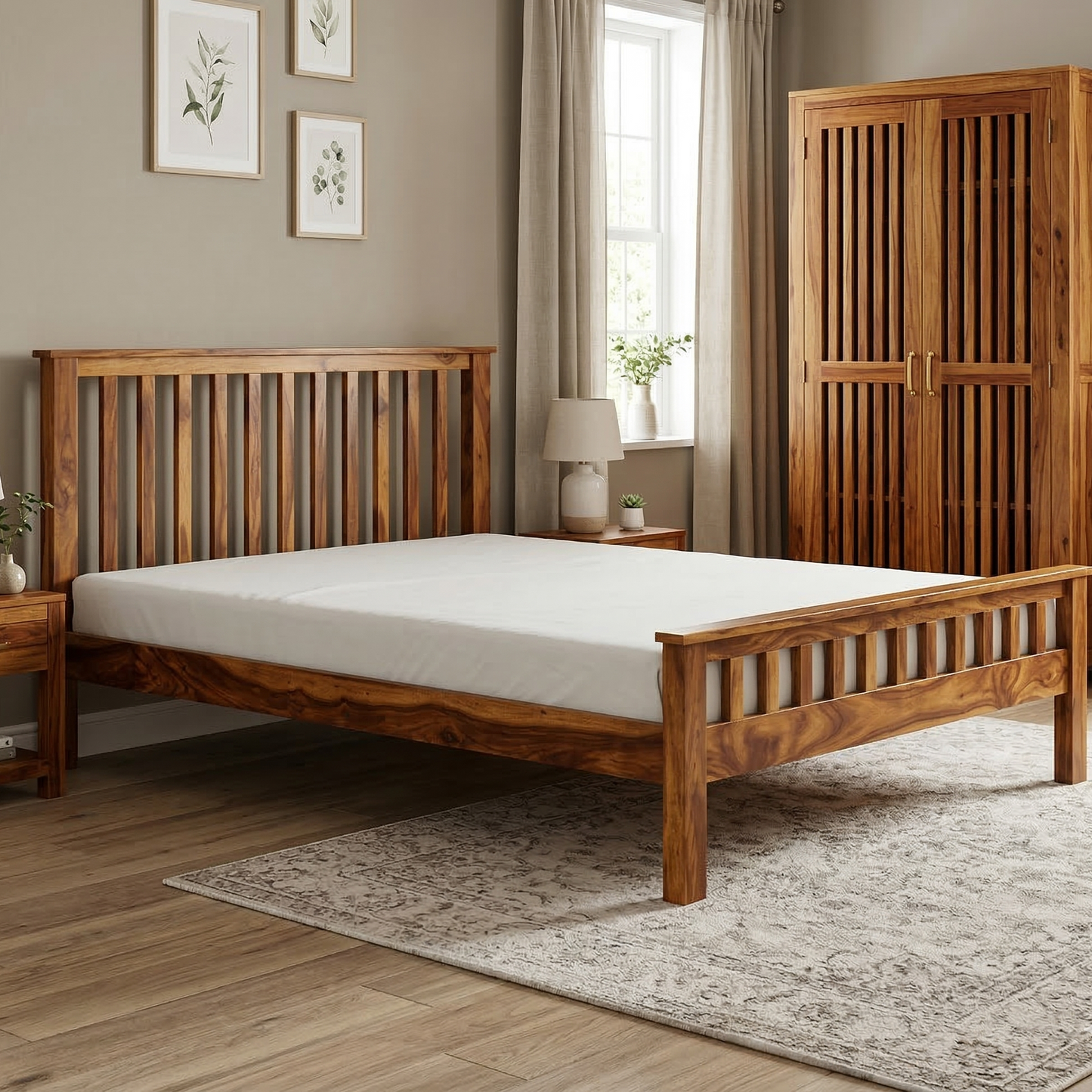 ADOUER WOOD Solid Wood Platform Bed with a slatted headboard and footboard