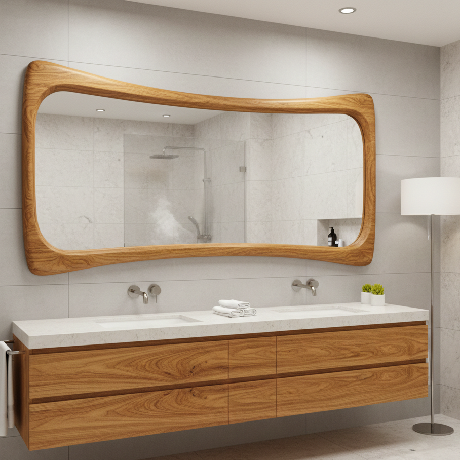 Acacia Wood Mid-Century Modern Organic Wood Wall Mirror