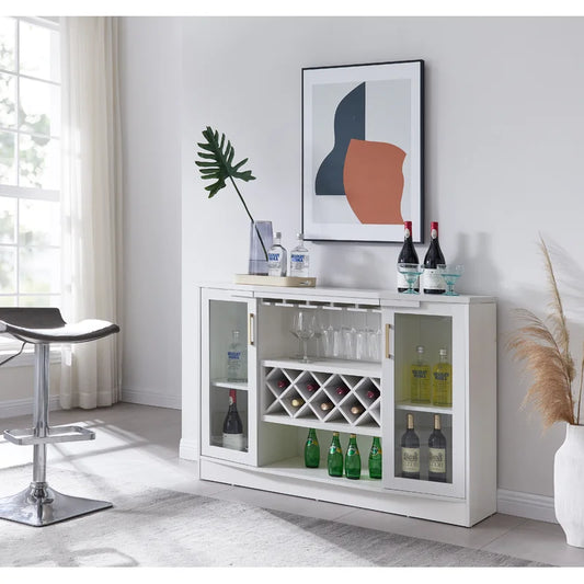 Adouer Wood "White Modern Solid Sheesham Wood Bar Cabinet with Acrylic Glass Doors and Wine Rack"