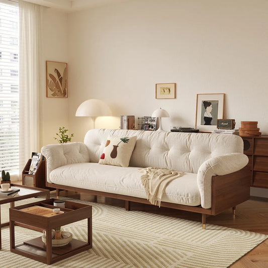 ADOUER WOOD 76'' Upholstered Cotton Fabric Sofa (Beige), Walnut