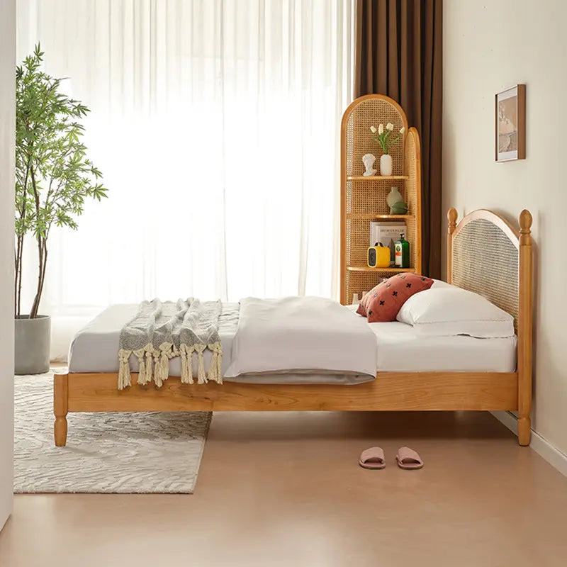 ADOUER WOOD Solid Acacia Wood Mid-Century Classic Rattan Cane Bed (Natural)