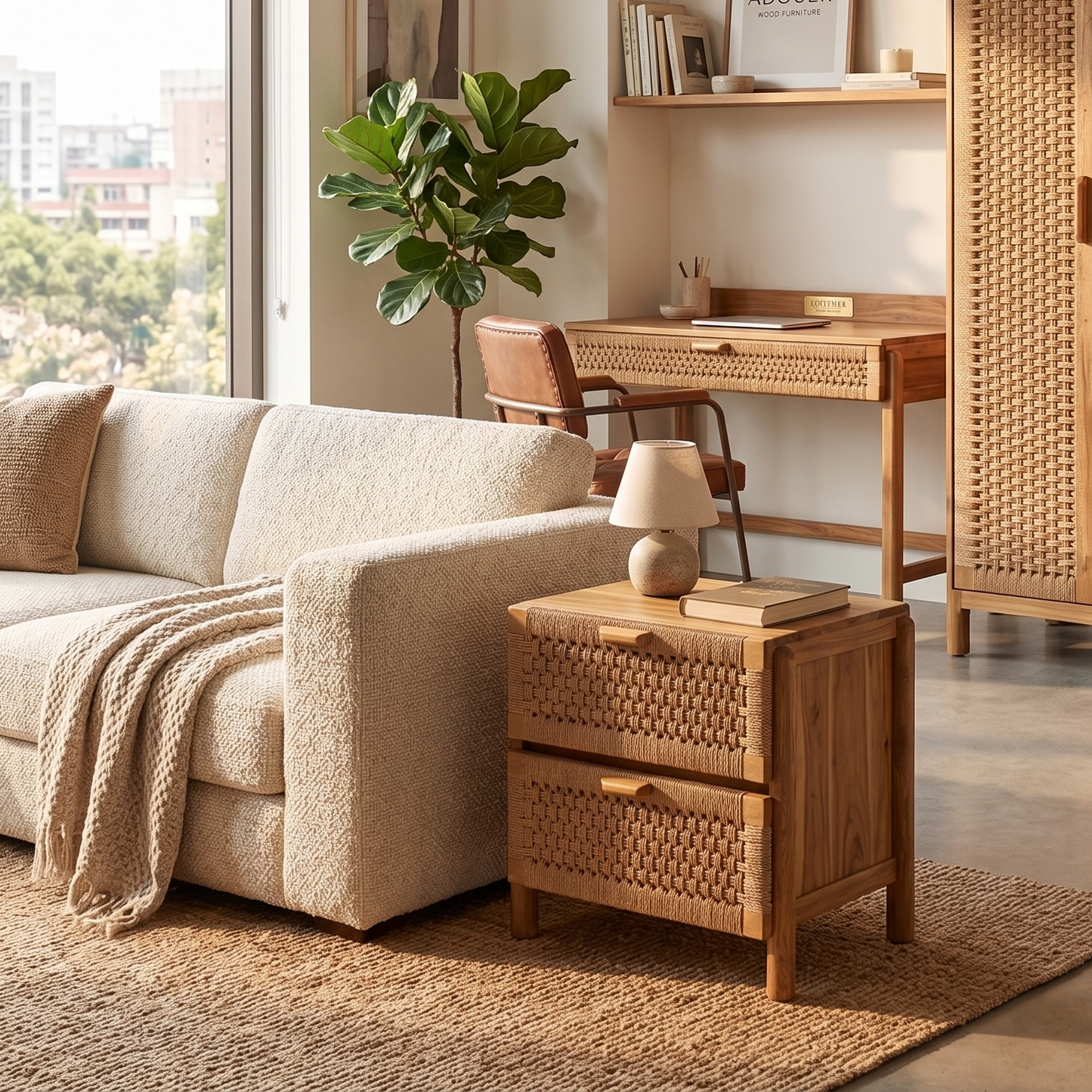 ADOUER WOOD Handcrafted Boho Natural Bedside Table - 2-Drawer Nightstand with Woven Paper Rope Fronts