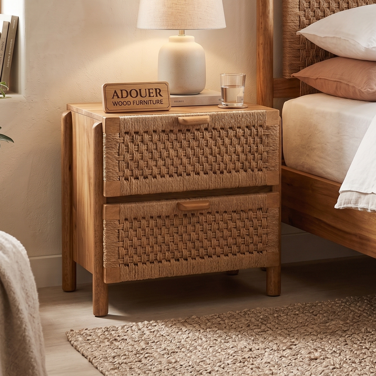 ADOUER WOOD Handcrafted Boho Natural Bedside Table - 2-Drawer Nightstand with Woven Paper Rope Fronts
