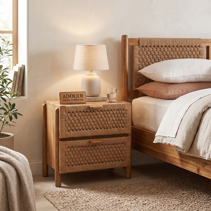 ADOUER WOOD Handcrafted Boho Natural Bedside Table - 2-Drawer Nightstand with Woven Paper Rope Fronts