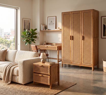 ADOUER WOOD Handcrafted Boho Natural Bedside Table - 2-Drawer Nightstand with Woven Paper Rope Fronts