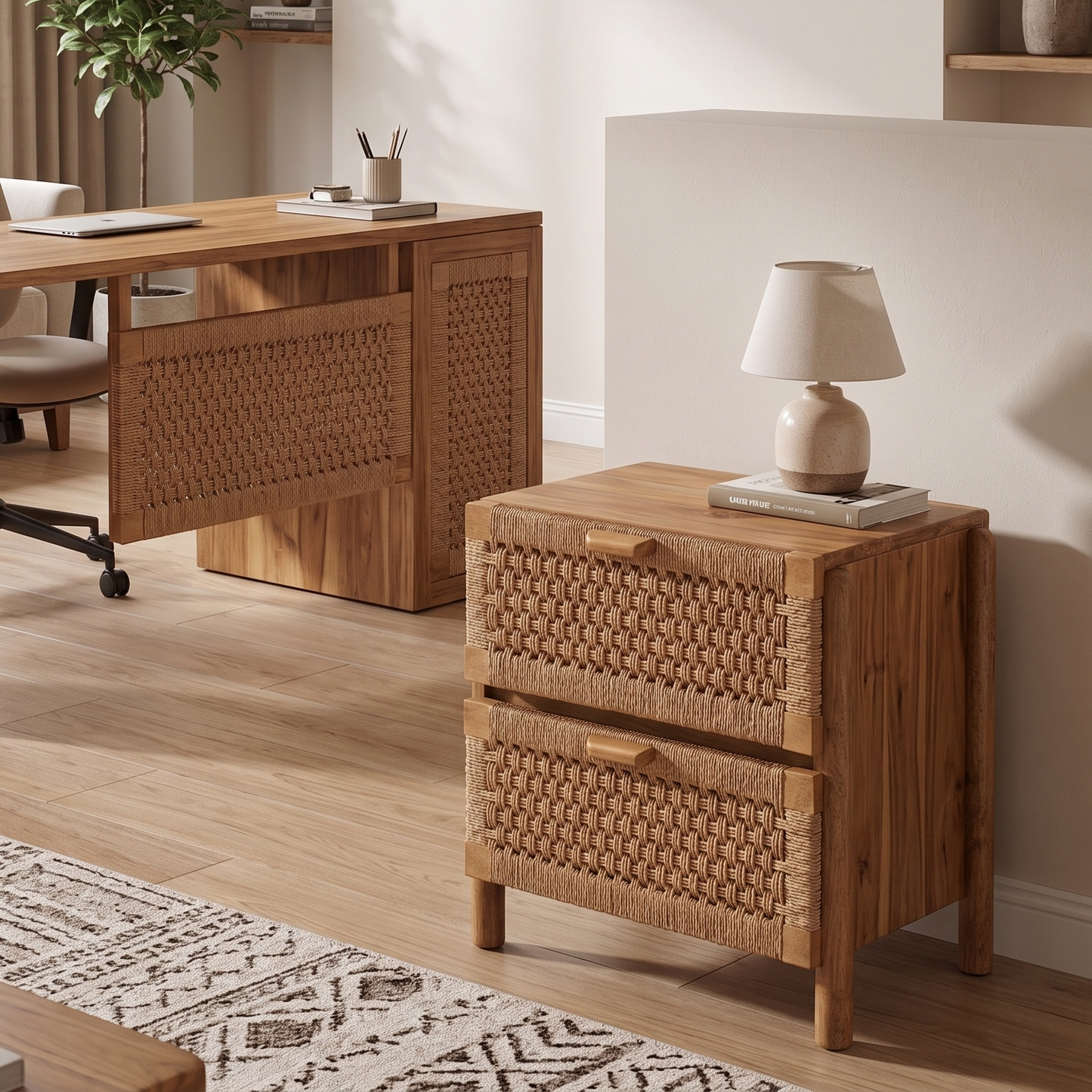 ADOUER WOOD Handcrafted Boho Natural Bedside Table - 2-Drawer Nightstand with Woven Paper Rope Fronts