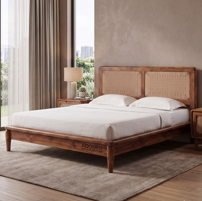 ADOUER WOOD Handcrafted Solid Wood & Woven Rattan Platform Bed Frame