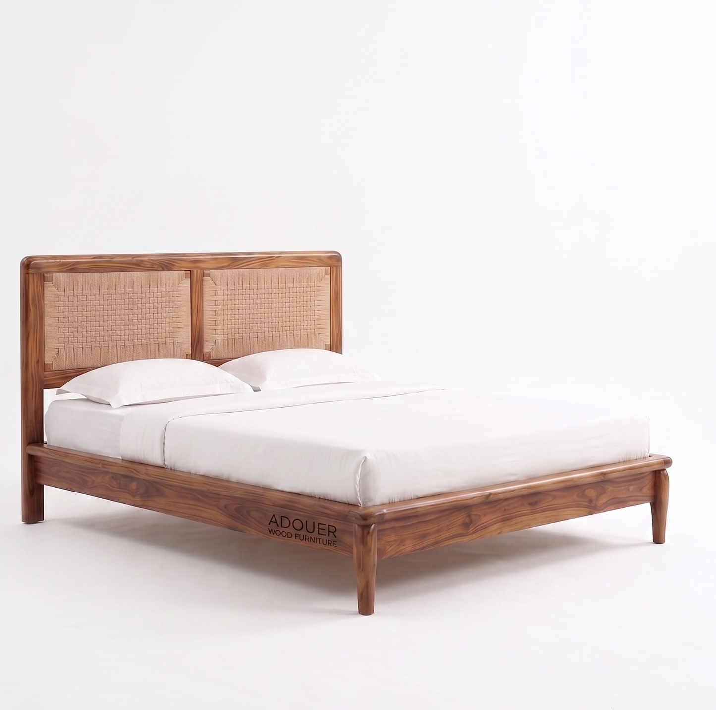 ADOUER WOOD Handcrafted Solid Wood & Woven Rattan Platform Bed Frame